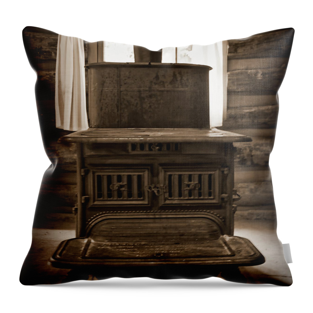Sharlot-hall Throw Pillow featuring the photograph The Stove In The Cabin by Kirt Tisdale