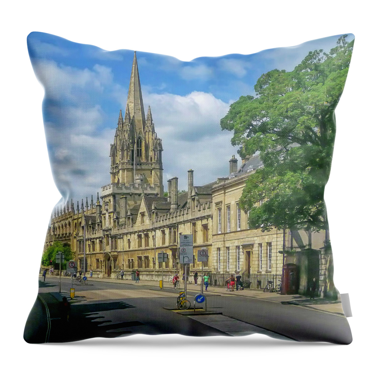 Streetscape Throw Pillow featuring the photograph The Sunny Side of the Street - Oxford UK by Tony Crehan