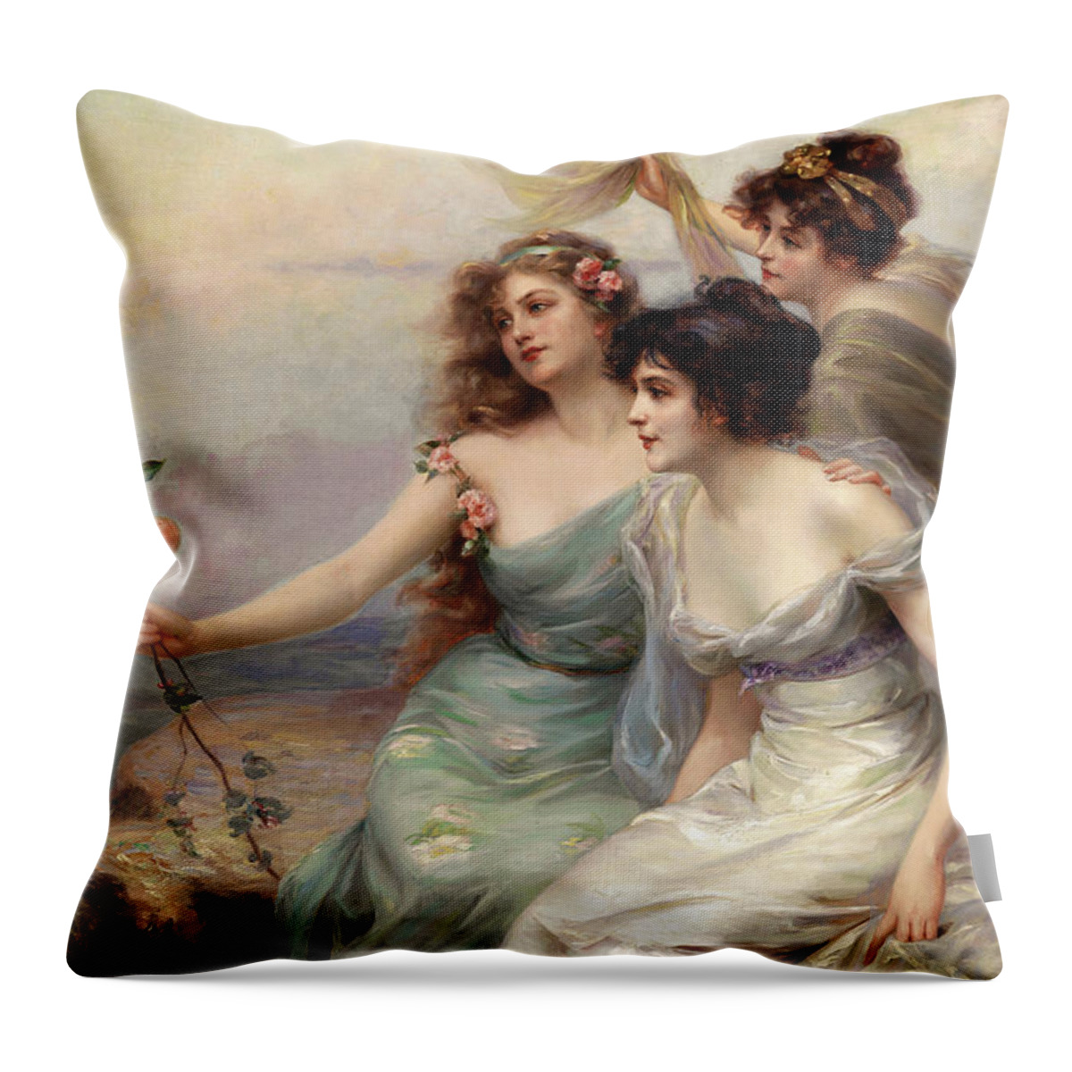 The Three Graces Throw Pillow featuring the painting The Three Graces Die drei Grazien by Edouard Bisson by Rolando Burbon