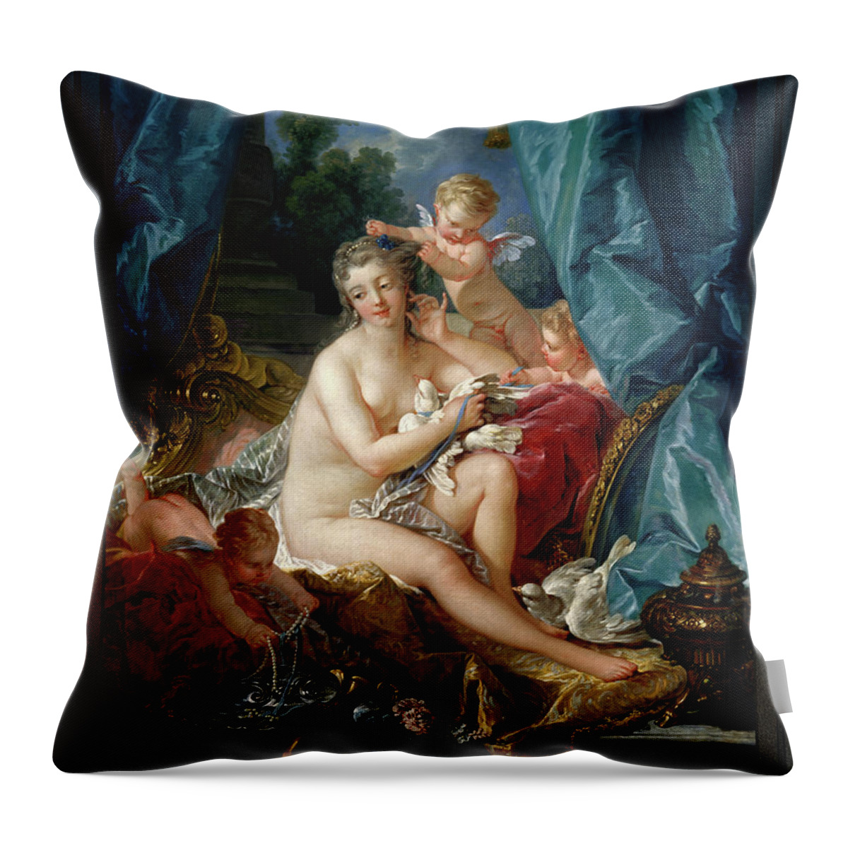 The Toilet Of Venus Throw Pillow featuring the painting The Toilet of Venus by Francois Boucher by Rolando Burbon