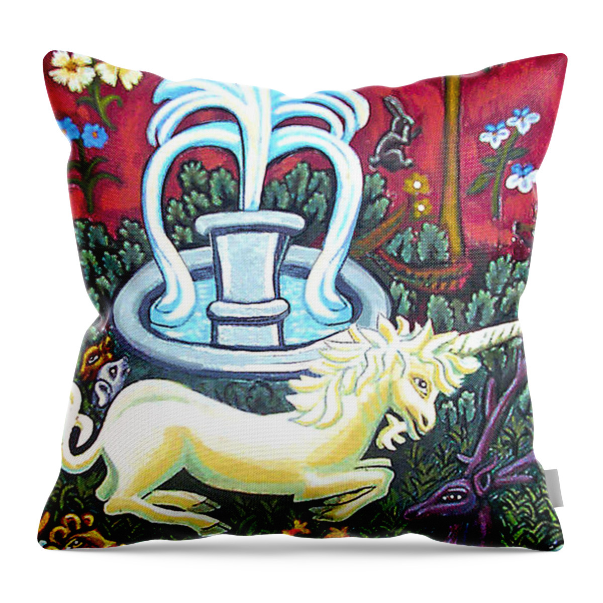 Unicorn Tapestries Throw Pillow featuring the painting The Unicorn and Garden by Genevieve Esson