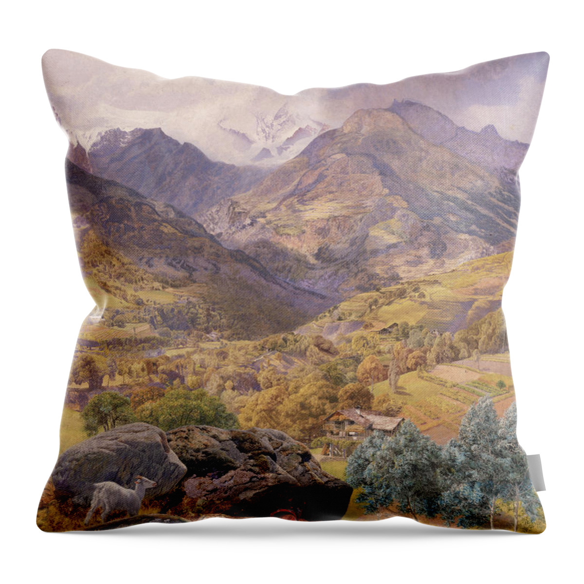Goat Throw Pillow featuring the painting The Val D'aosta, 1858 by John Brett