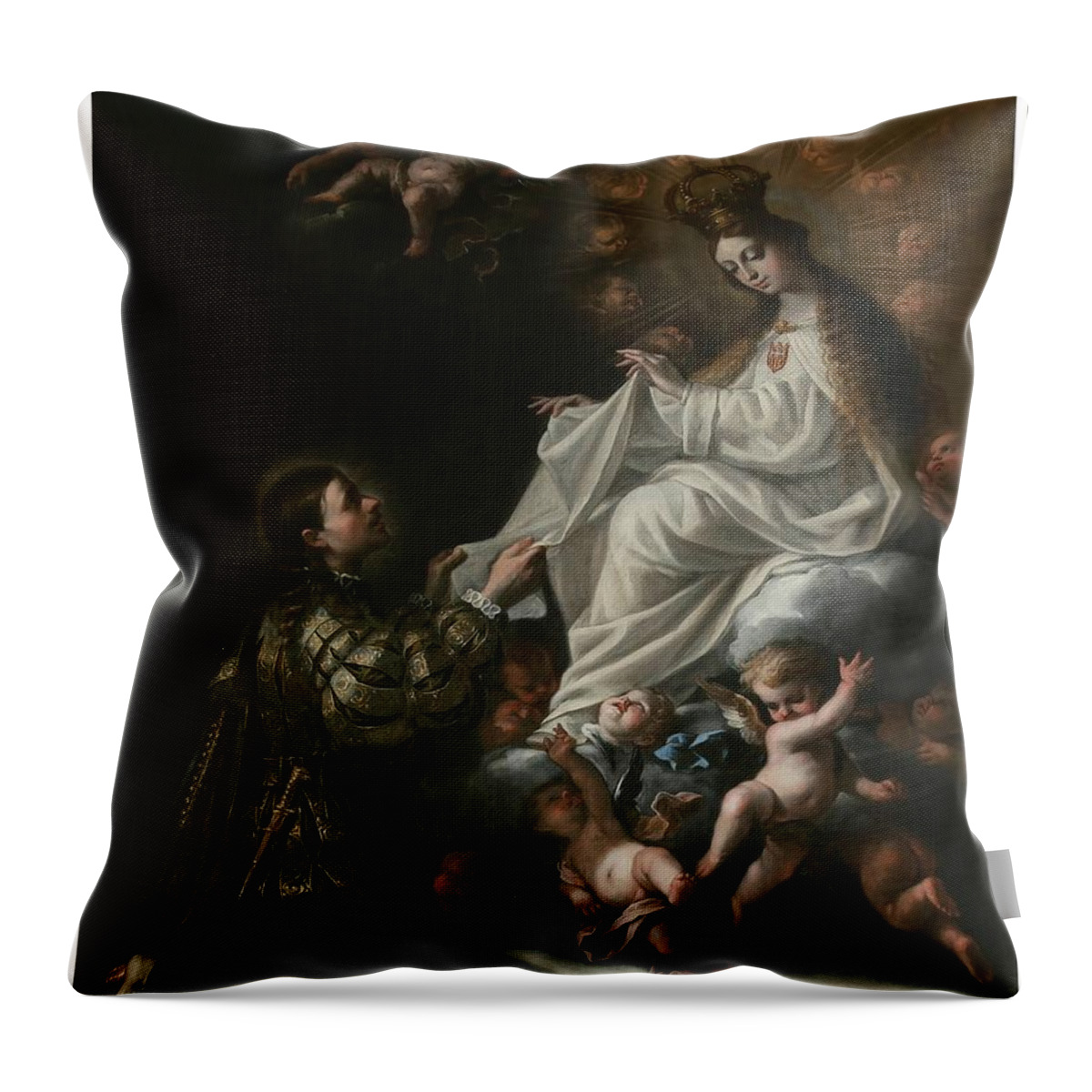 Arco Alonso Del Throw Pillow featuring the painting 'The Virgin of Mercy Appearing to Saint Peter Nolasco'. 1682. Oil on canvas. by Alonso del Arco -1635-1704-