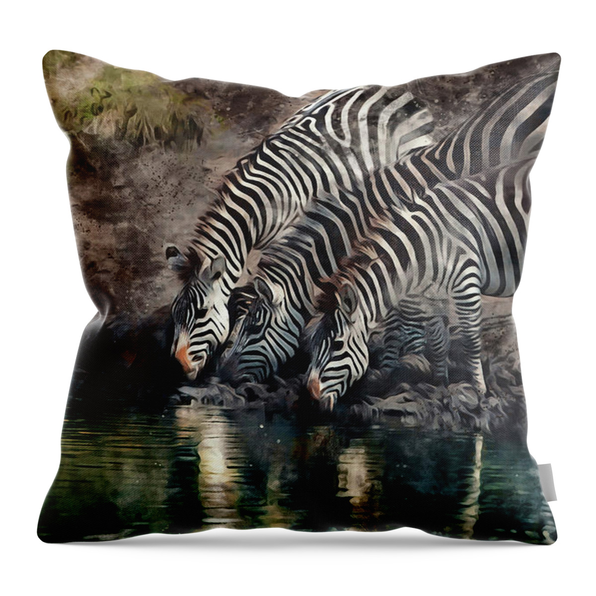 Zebra Throw Pillow featuring the digital art The Waterhole by Peter Kennett
