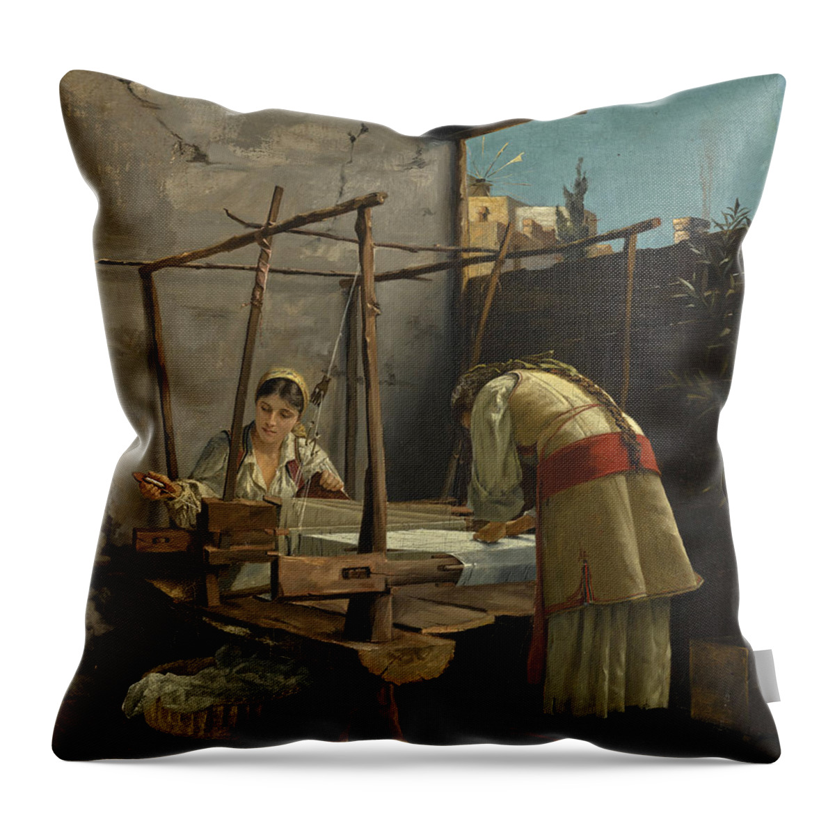 Theodoros Rallis Throw Pillow featuring the painting The Weavers, Arachova by Theodoros Rallis