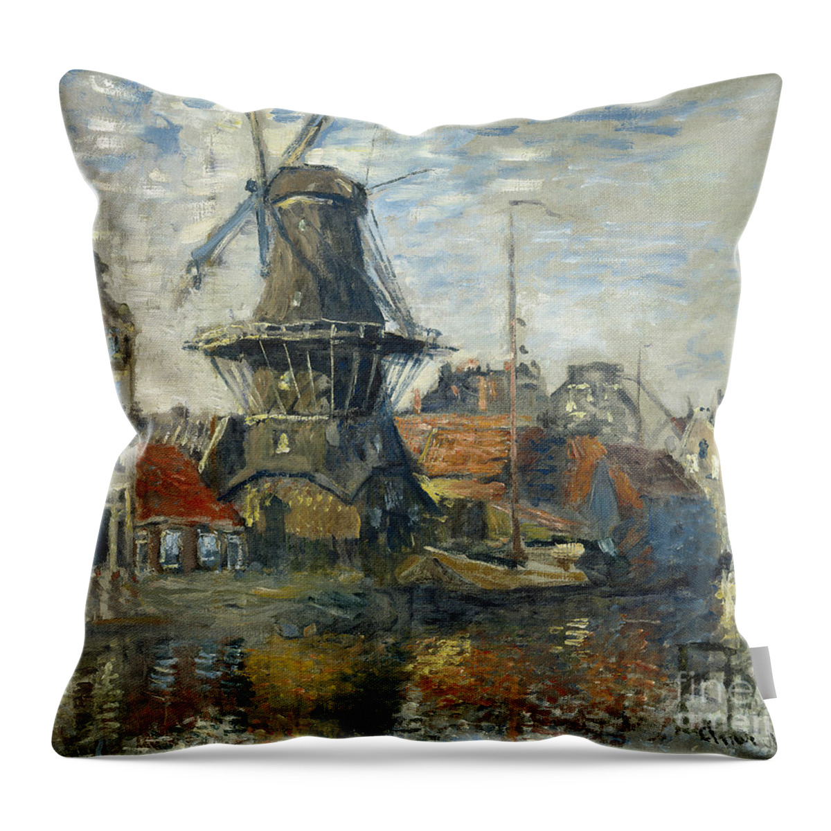 The Windmill Throw Pillow featuring the painting The Windmill, Amsterdam, 1871 by Claude Monet