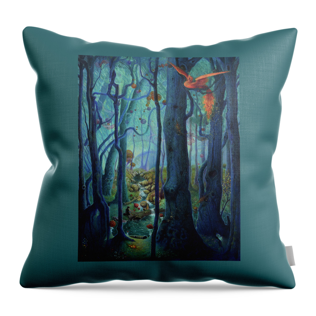 Firebird Throw Pillow featuring the painting The World Between the Trees by Lynn Bywaters