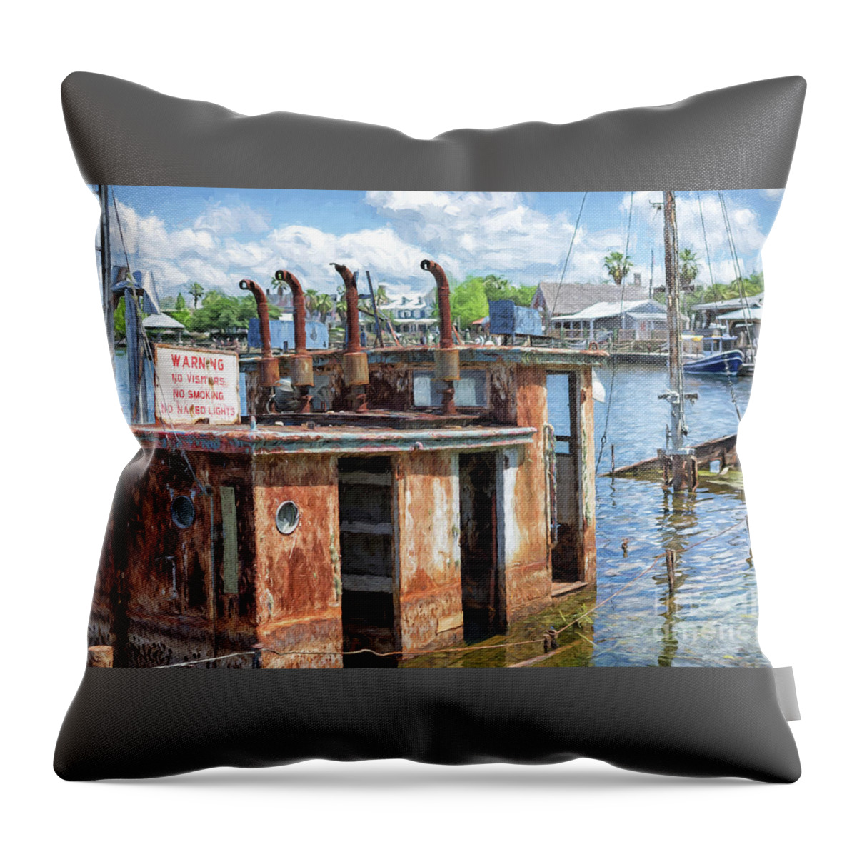 The Villages Throw Pillow featuring the photograph The Sunken Tugboat Fine Art Photography - Digital Painting by Mary Lou Chmura by Mary Lou Chmura