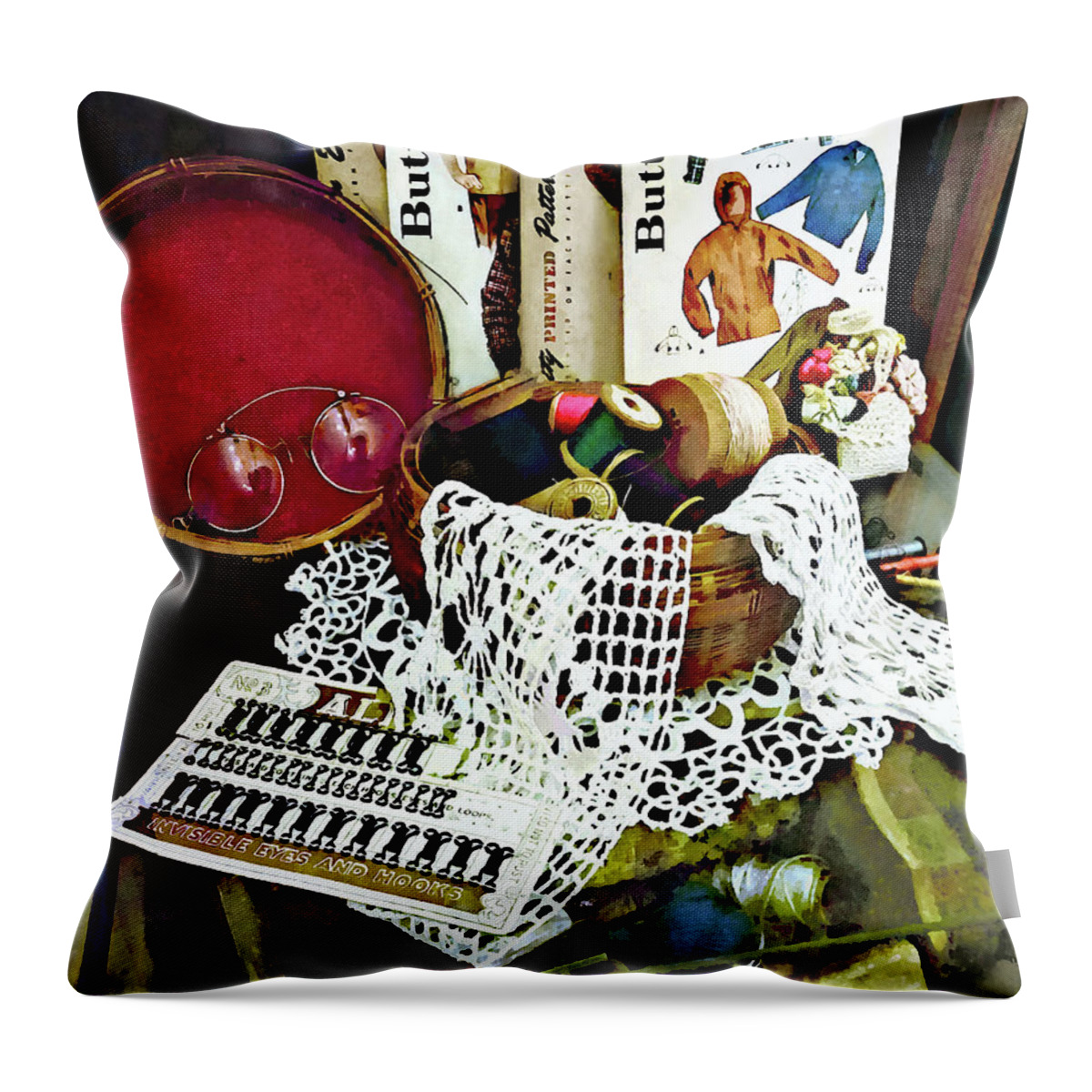 Thread Throw Pillow featuring the photograph Thread, Lace and Sewing Patterns by Susan Savad