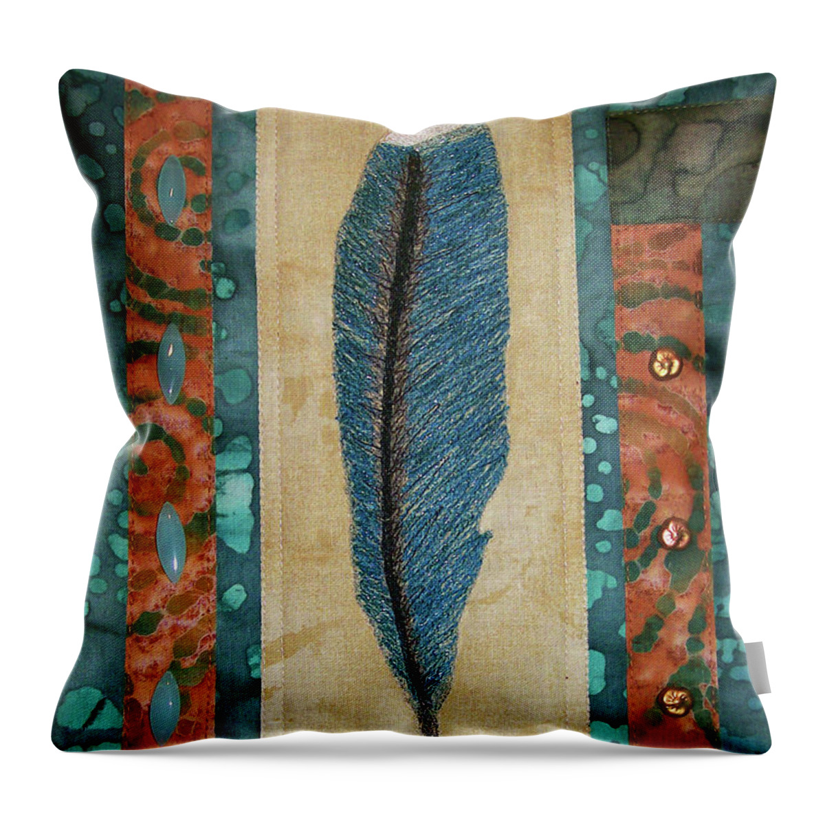 Art Quilt Throw Pillow featuring the tapestry - textile Threaded Feather by Pam Geisel