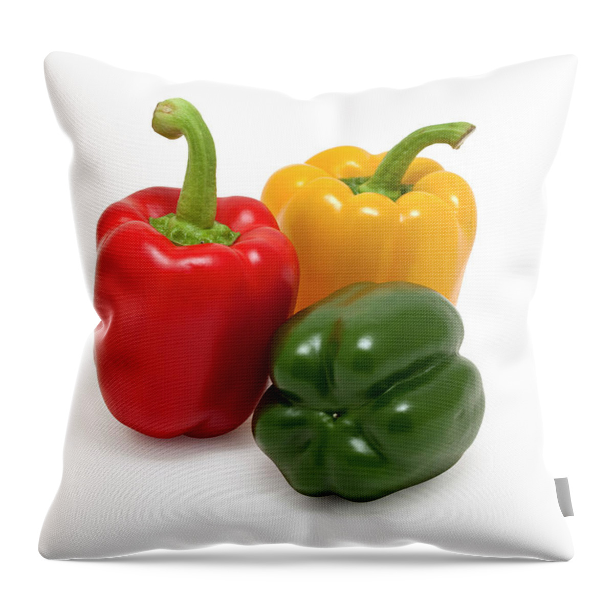 White Background Throw Pillow featuring the photograph Three Bell Peppers, Red, Green, Yellow by Ursula Alter