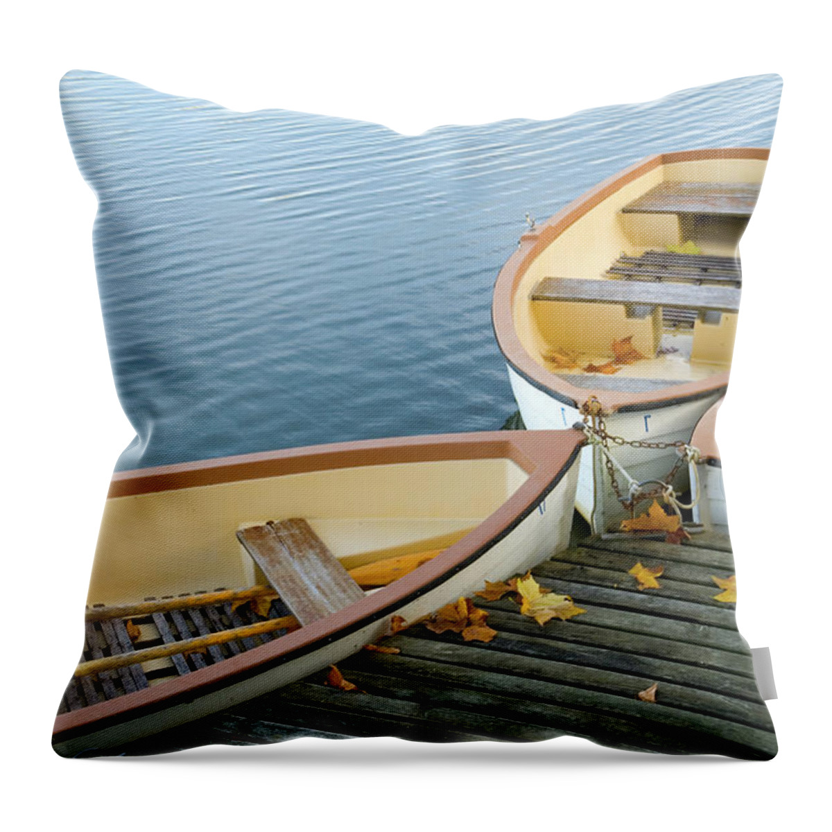 Tranquility Throw Pillow featuring the photograph Three Boats Floating On Pond Beside Pier by Les Beautés De La Nature / Natural Beauties
