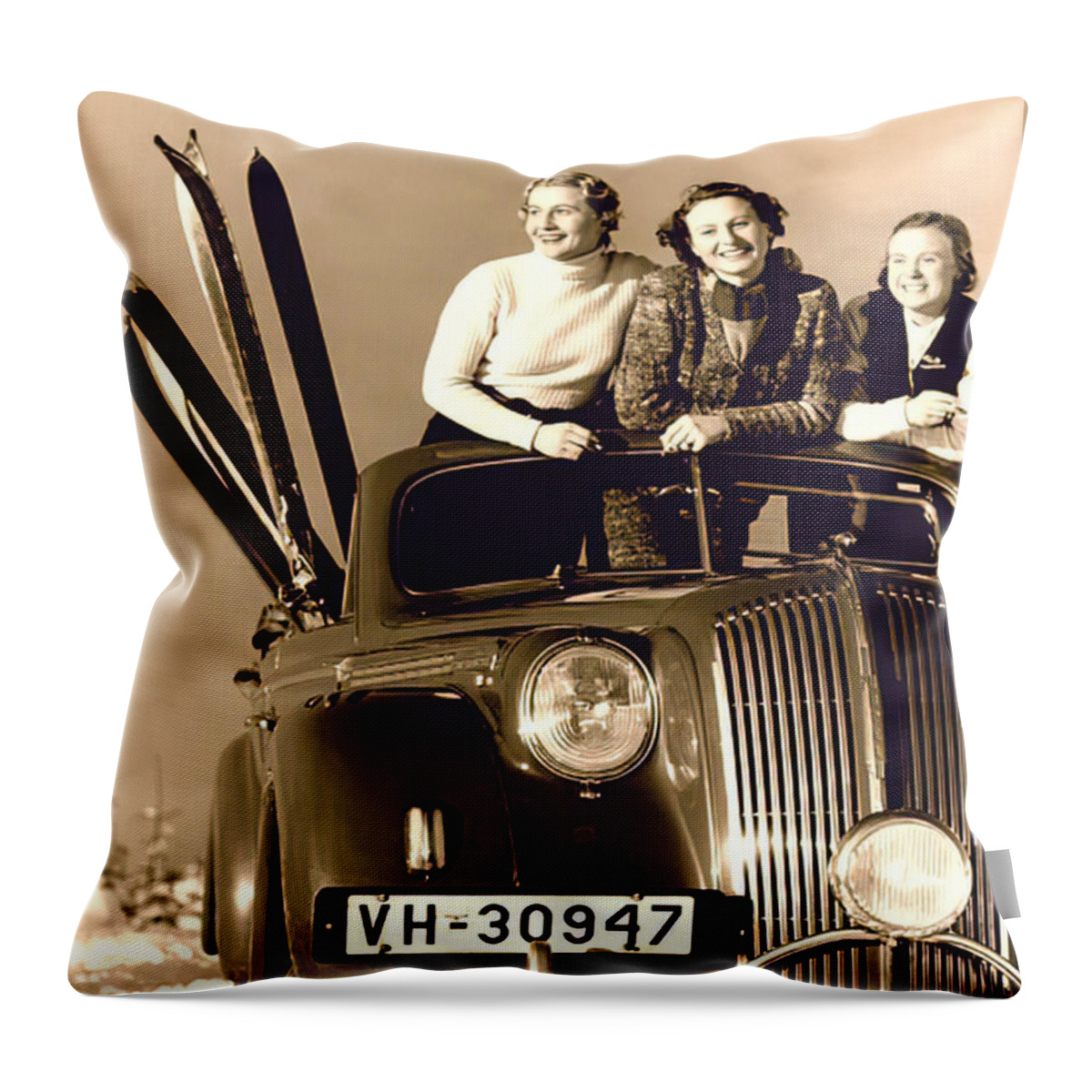 Vintage Throw Pillow featuring the photograph Three Fashion Models With 1940s Vehicle And Skis by Retrographs