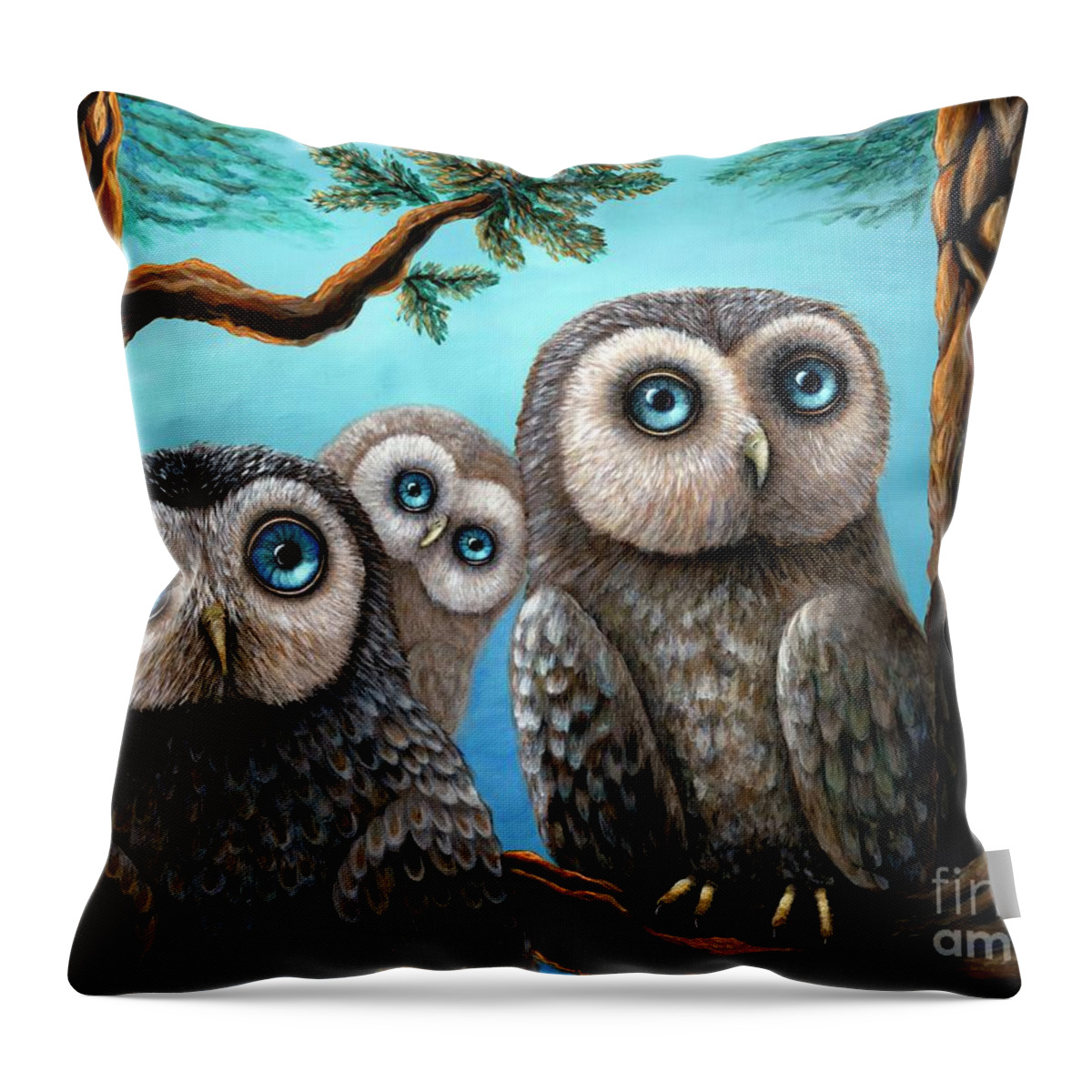 Rebecca Throw Pillow featuring the painting Three Little Hoots by Rebecca Parker