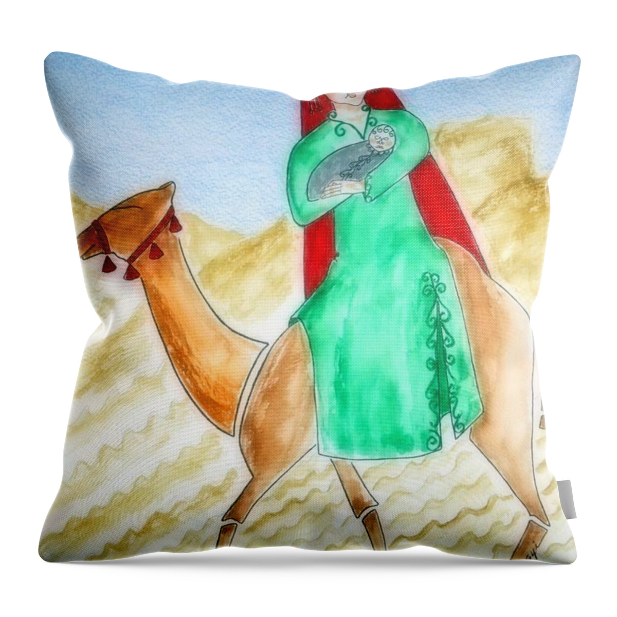 Camel Throw Pillow featuring the painting Through the Desert to Nazareth by Jayne Somogy