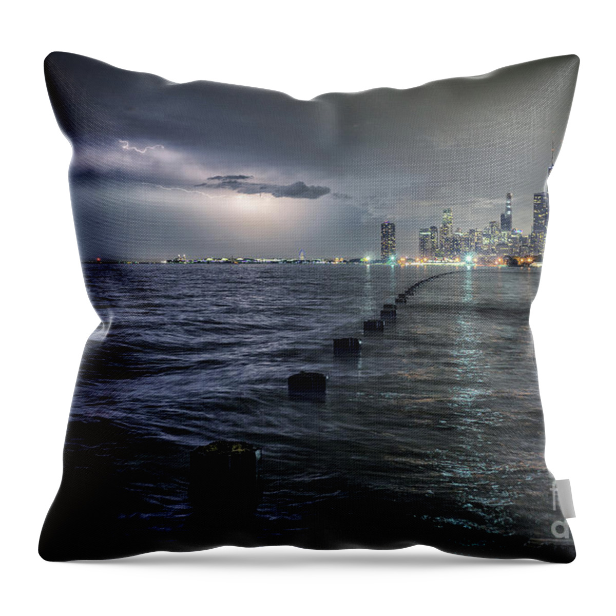 Chicago Throw Pillow featuring the photograph Thunder and Lightning in The Dark City by Bruno Passigatti