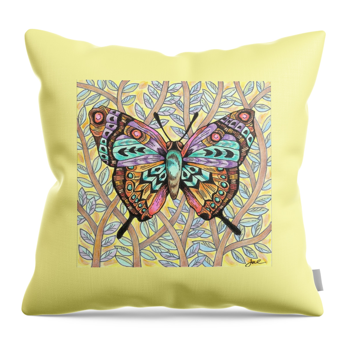  Throw Pillow featuring the drawing Tia's Butterfly by Janice A Larson