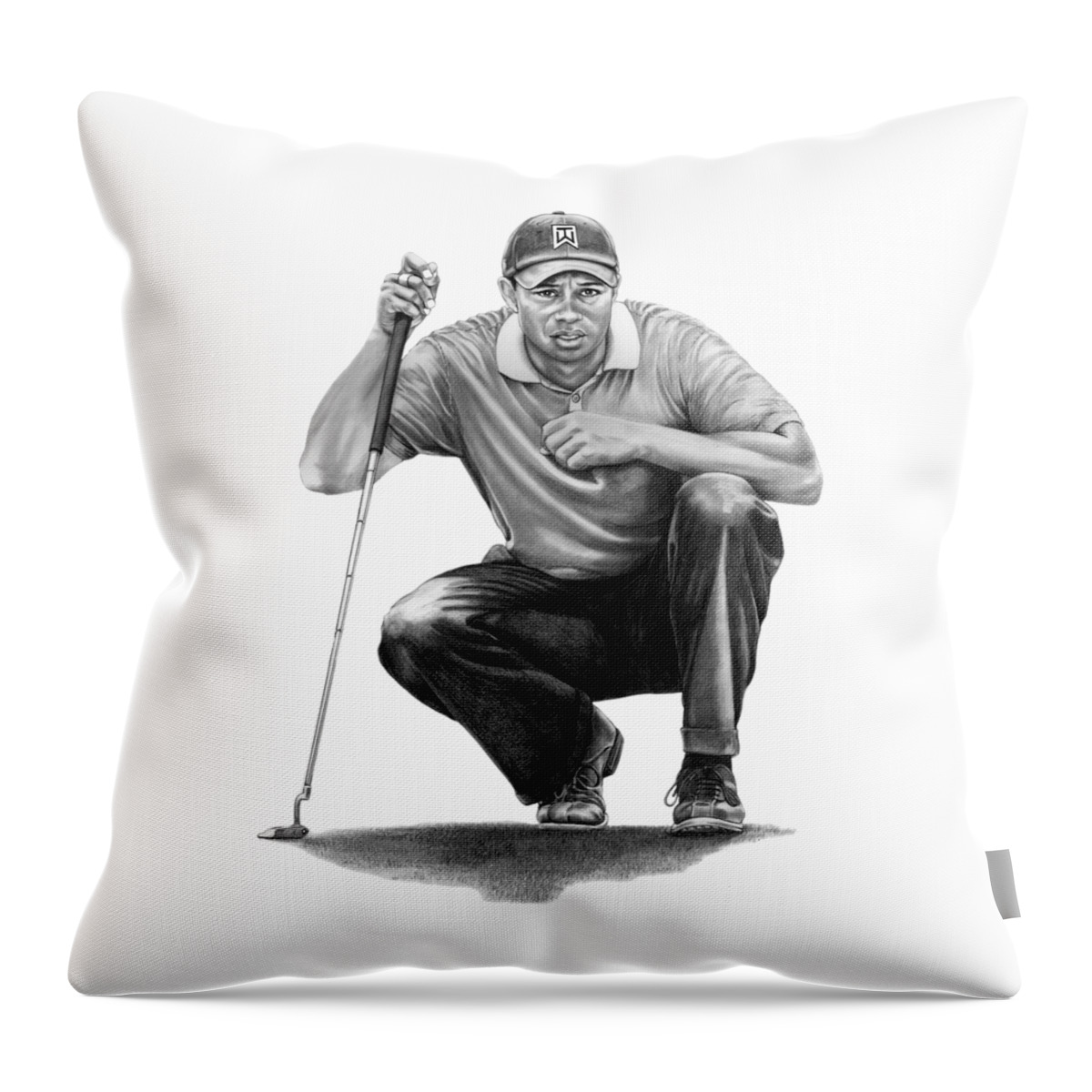 Pencil Throw Pillow featuring the drawing Tiger Woods Crouching Tiger by Murphy Elliott