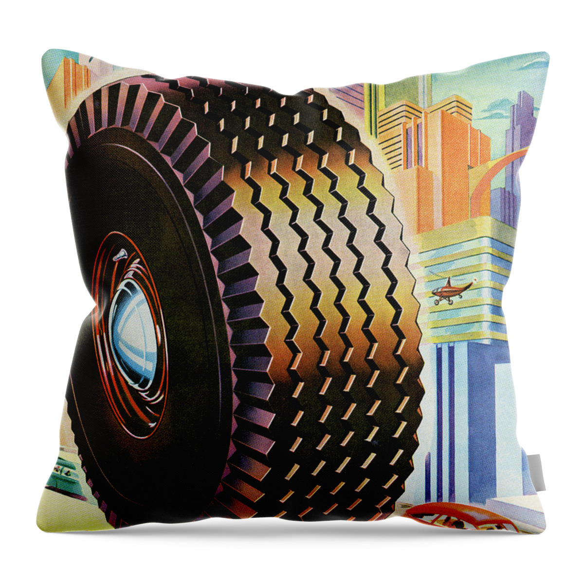 Architecture Throw Pillow featuring the drawing Tire in Futuristic City Scene by CSA Images