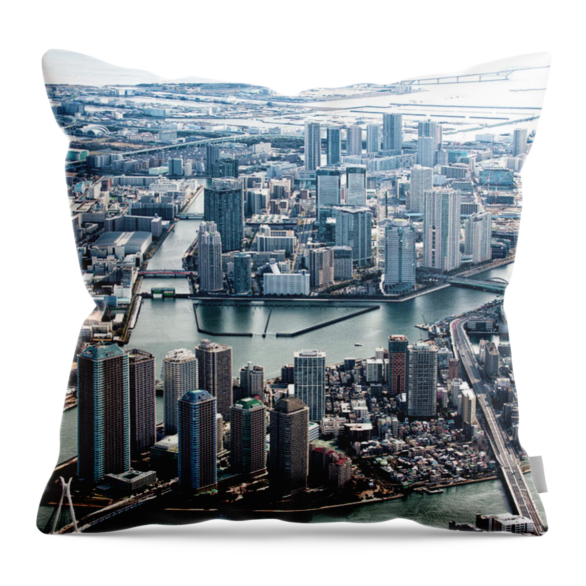 Cantilever Bridge Throw Pillow featuring the photograph Tokyo Gate Bridge And Skyscrapers In by Michael H