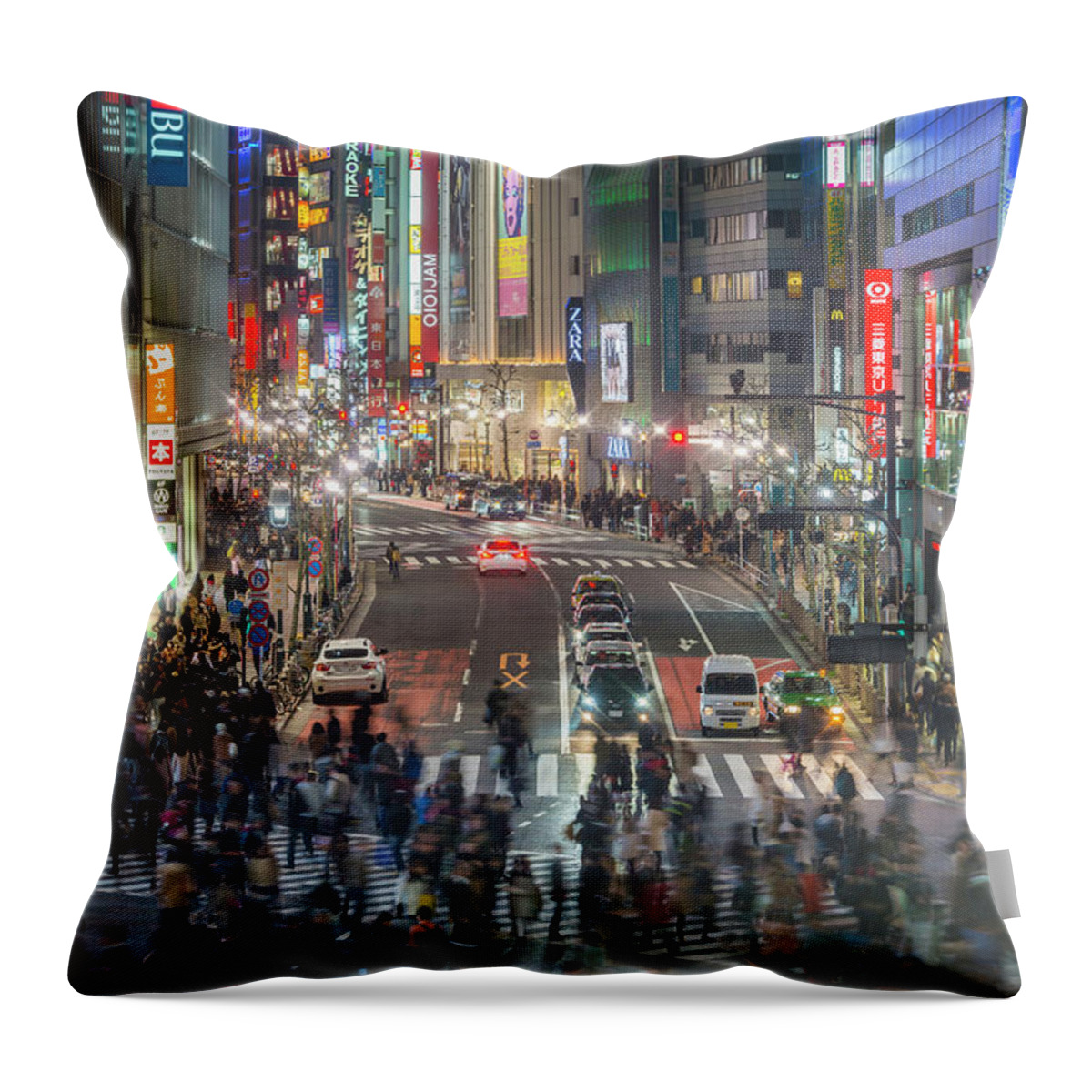 Crowd Throw Pillow featuring the photograph Tokyo Shibuya Crossing Crowds Of People by Fotovoyager