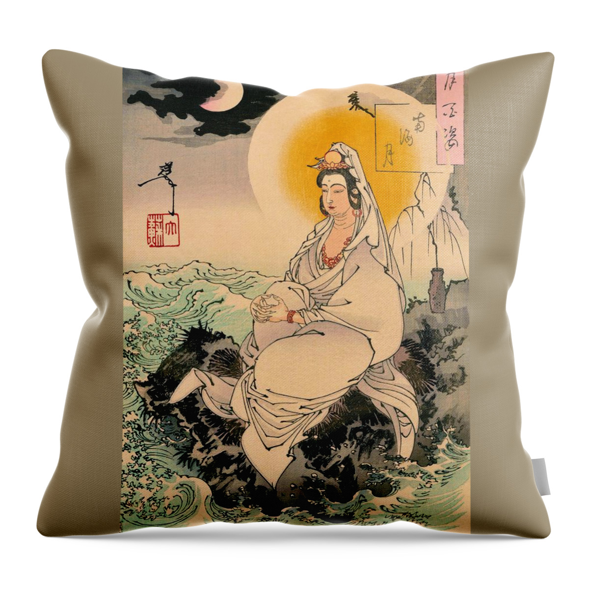 Tsukioka Throw Pillow featuring the painting Top Quality Art - Guanyin by Tsukioka Yoshitoshi
