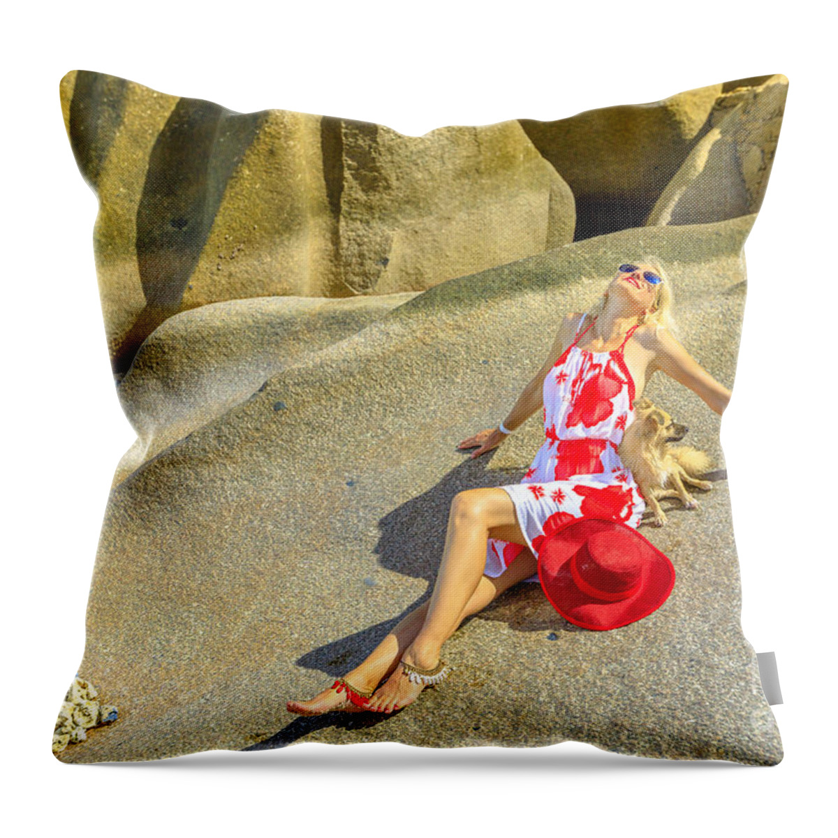 Anse Source Dargent Throw Pillow featuring the photograph Tourist woman at Seychelles by Benny Marty