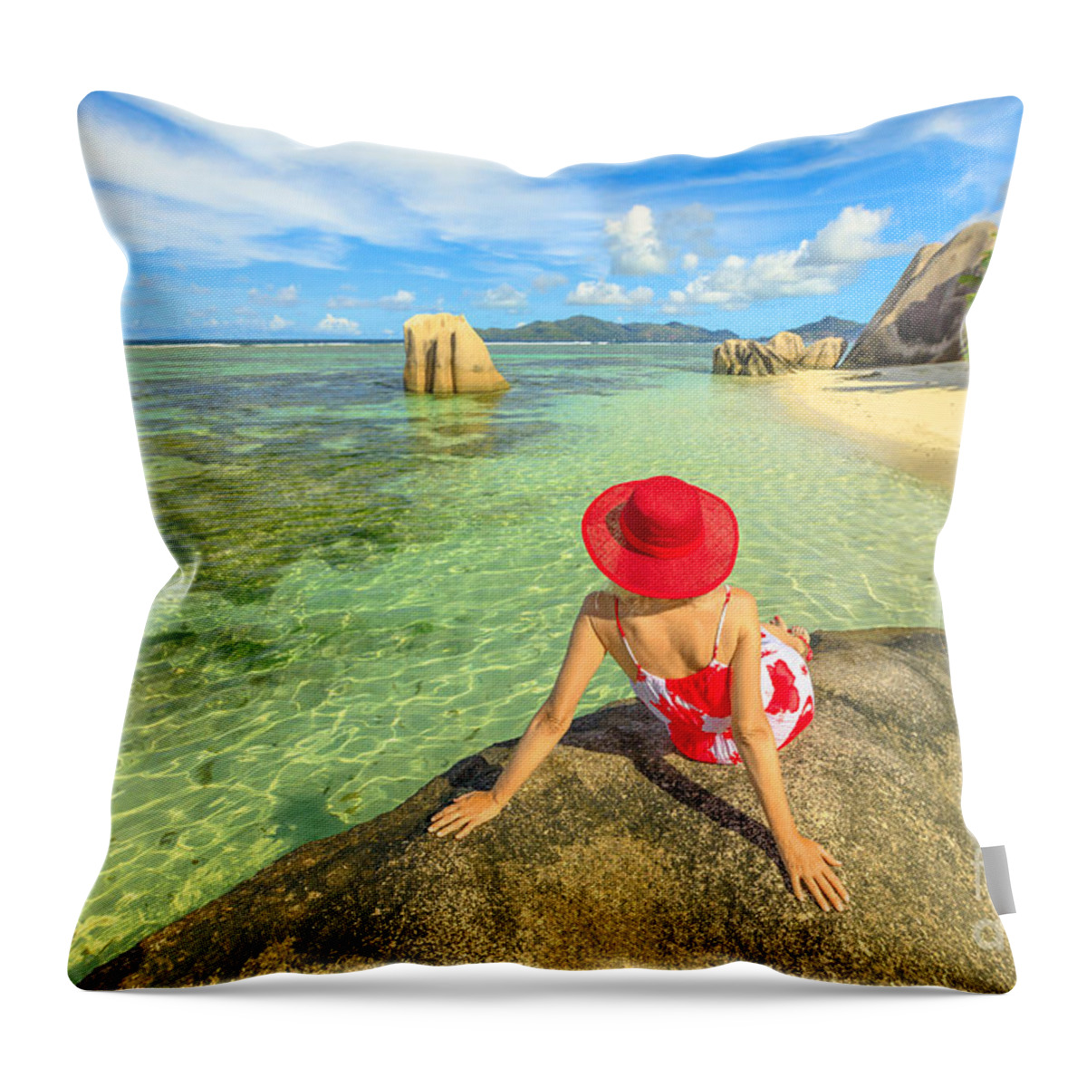 Seychelles Throw Pillow featuring the photograph Tourist woman at Source dArgent by Benny Marty
