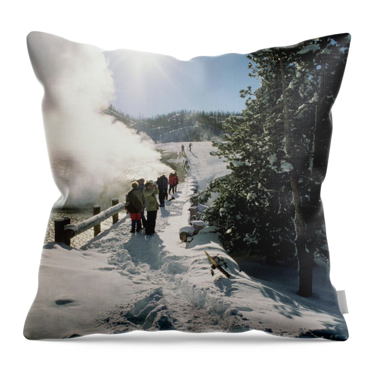 Geyser Throw Pillow featuring the photograph Tourists Watching A Geyser, Yellowstone by Medioimages/photodisc