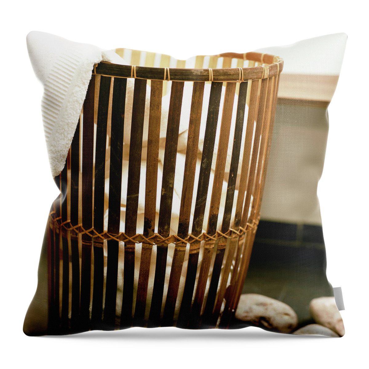 Ip_00343846 Throw Pillow featuring the photograph Towels In Laundry Basket by Luc Wauman