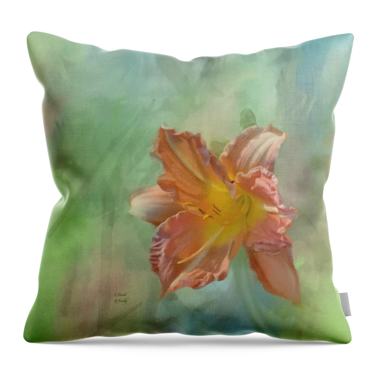 Toyland Peach Daylily Painted Throw Pillow featuring the photograph Fancy Toyland Peach Daylily by Sandi OReilly