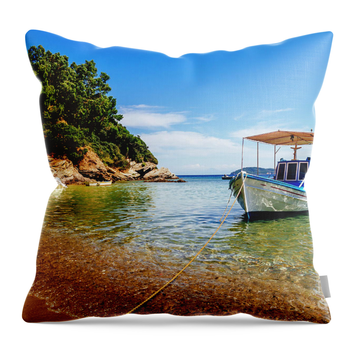Skiathos Throw Pillow featuring the photograph Traditional colorful boats in old town of Skiathos island, Spora by Jelena Jovanovic