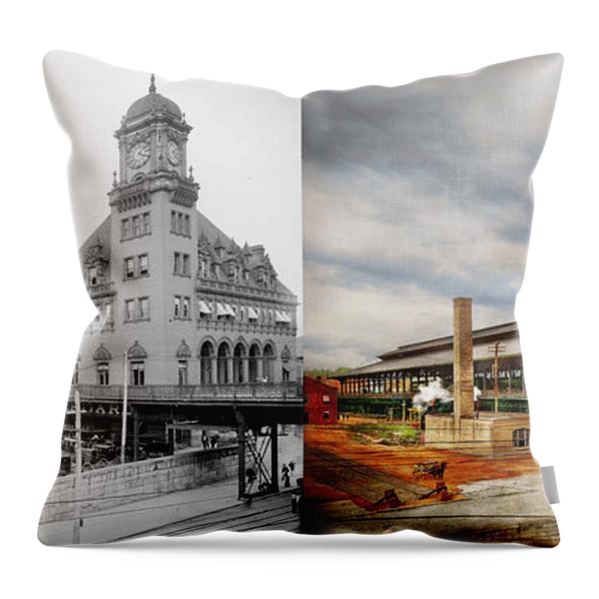 Richmond Throw Pillow featuring the photograph Train Station - Richmond VA - The Main Street Station 1905 - Side by Side by Mike Savad
