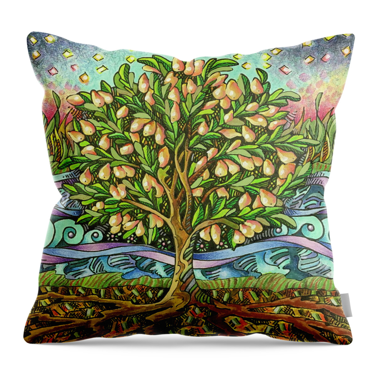  Throw Pillow featuring the drawing Tree By Streams Of Water by Janice A Larson