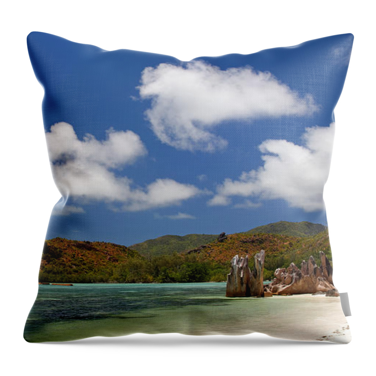 Water's Edge Throw Pillow featuring the photograph Tropical Beach Panorama by Visual7