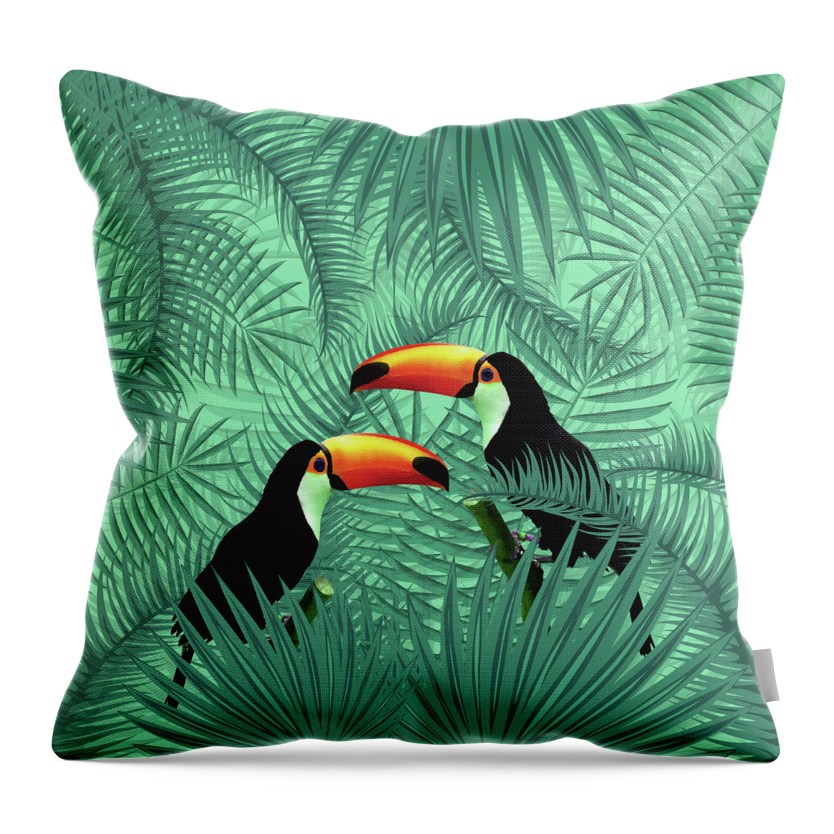 Tropical Throw Pillow featuring the mixed media Tropical Forest - Toucan birds - Tropical Palm Leaf Pattern - Leaf Pattern - Tropical Print 2 by Studio Grafiikka