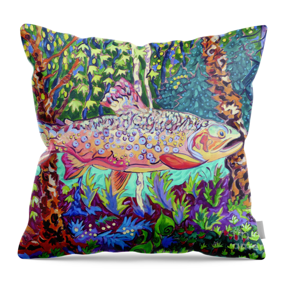 Trout Throw Pillow featuring the painting Trout in the Enchanted Circle by Cathy Carey