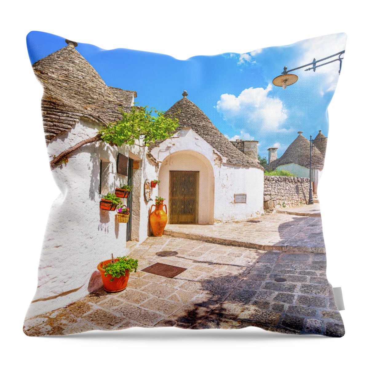 Trulli Throw Pillow featuring the photograph Alberobello Street, Trulli and Grapevine by Stefano Orazzini