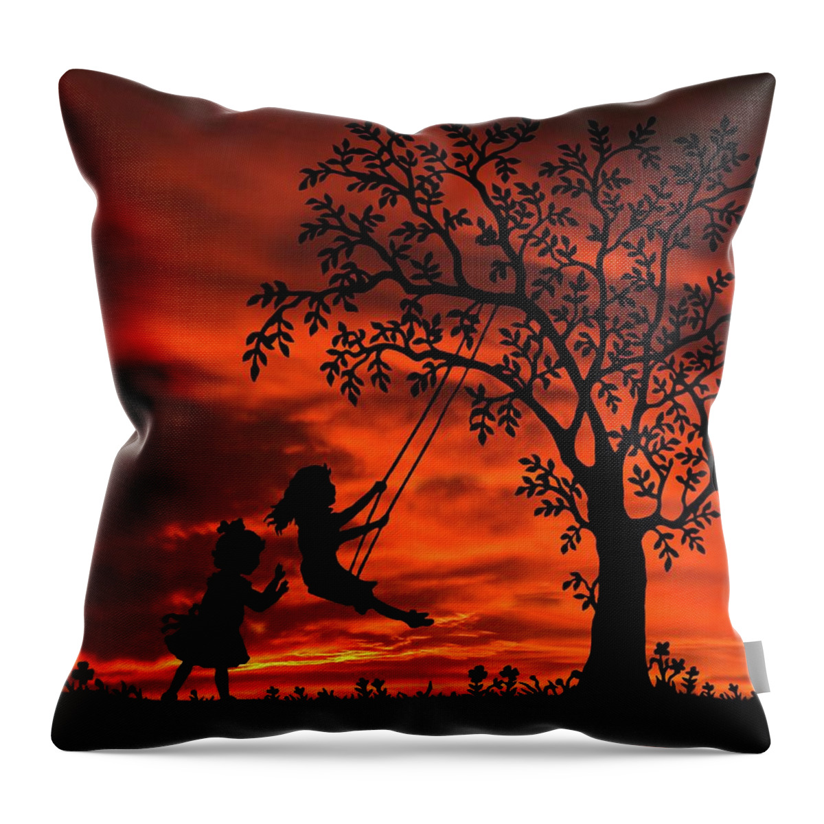 Try To Remember Throw Pillow featuring the mixed media Try To Remember girls with swing Sunset Silhouette Series  by David Dehner