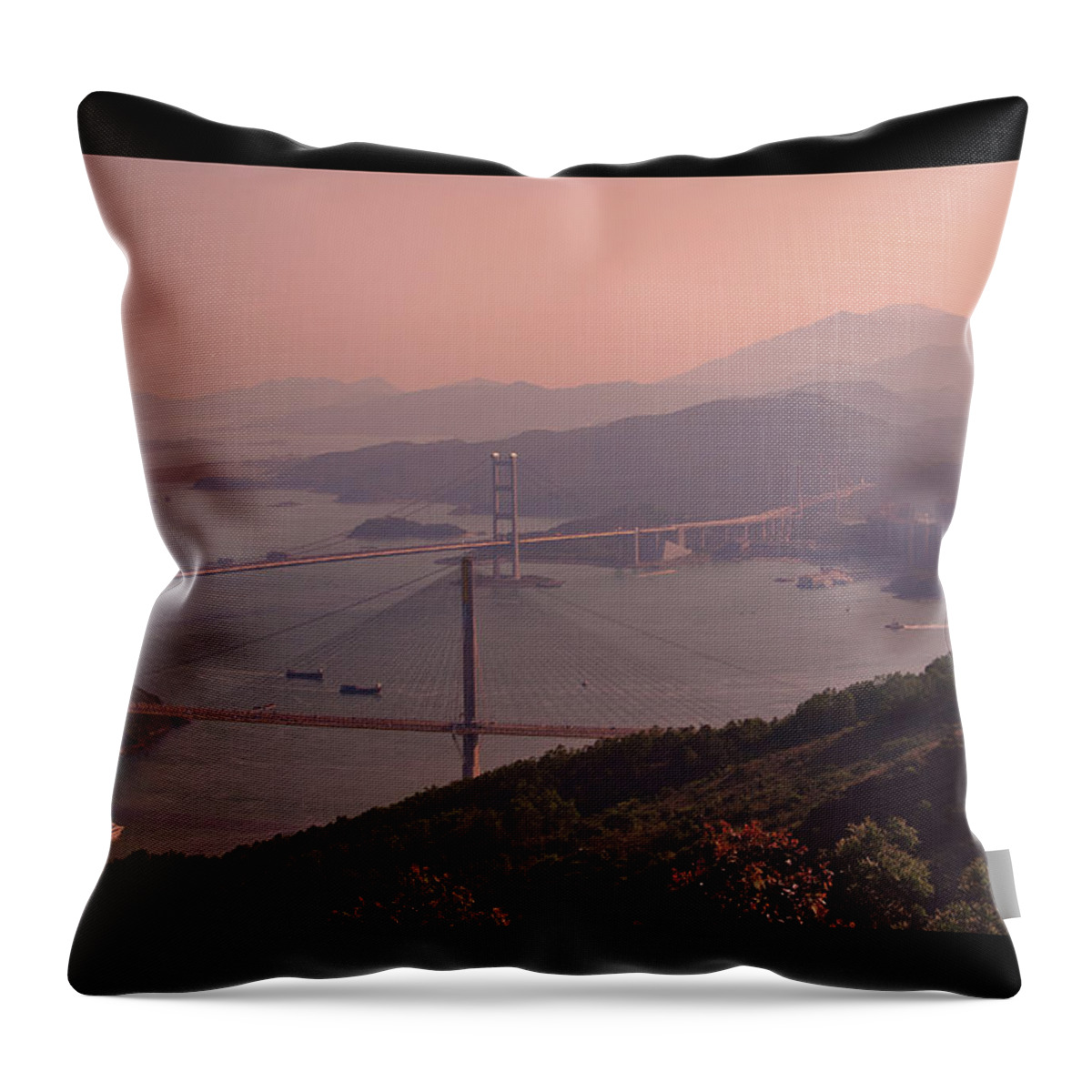 Tranquility Throw Pillow featuring the photograph Tsing Ma Bridge And Ting Kau Bridge In by D3sign