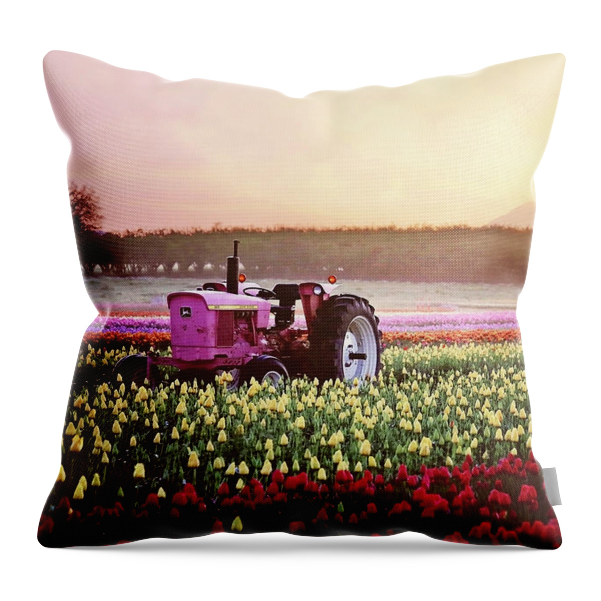 Tulips Throw Pillow featuring the photograph Tulip Festival Pink tractor by Sylvia Cook