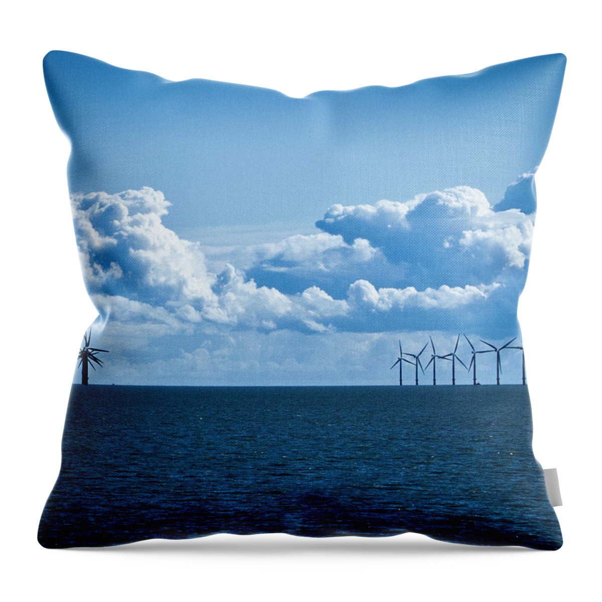 Tranquility Throw Pillow featuring the photograph Turbine Wind Farm Out At Sea by Nick Page