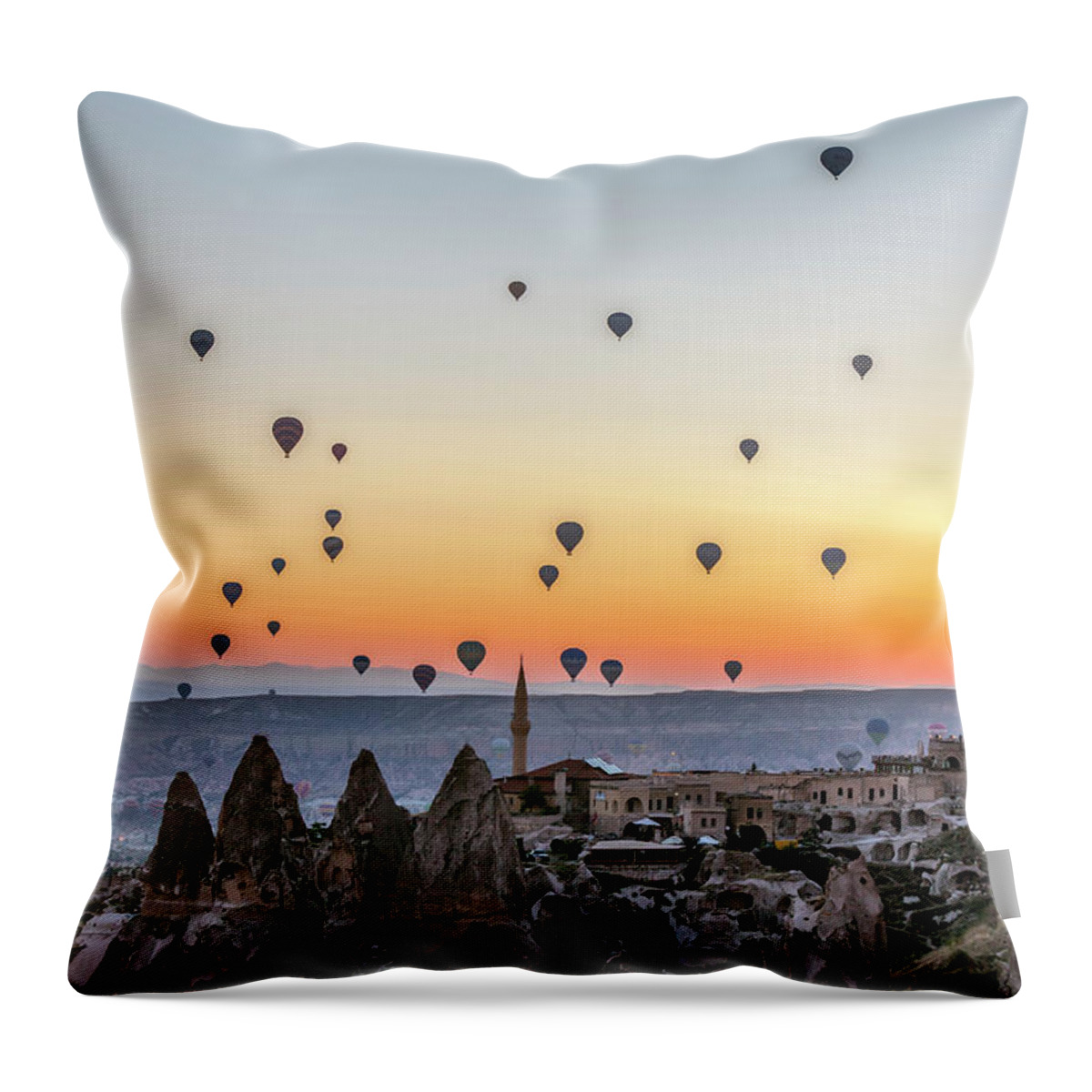 Estock Throw Pillow featuring the digital art Turkey, Central Anatolia, Goreme, Cappadocia, Hot Air Balloons At Dawn Over Goreme National Park, Cappadocia by Chantal Reed