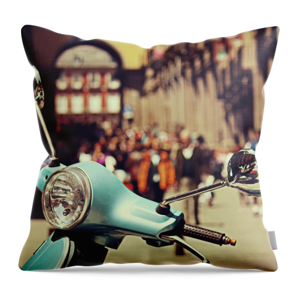 Outdoors Throw Pillow featuring the photograph Turquoise Vespa In Madrid by Julia Davila-lampe