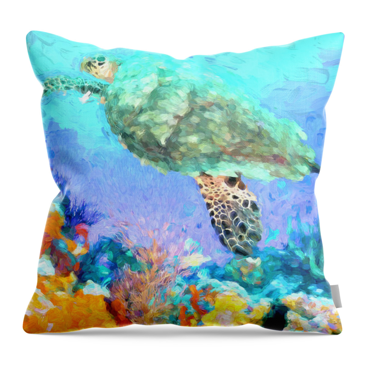 Atlantic Throw Pillow featuring the photograph Turtle at the Reef Watercolor Painting by Debra and Dave Vanderlaan