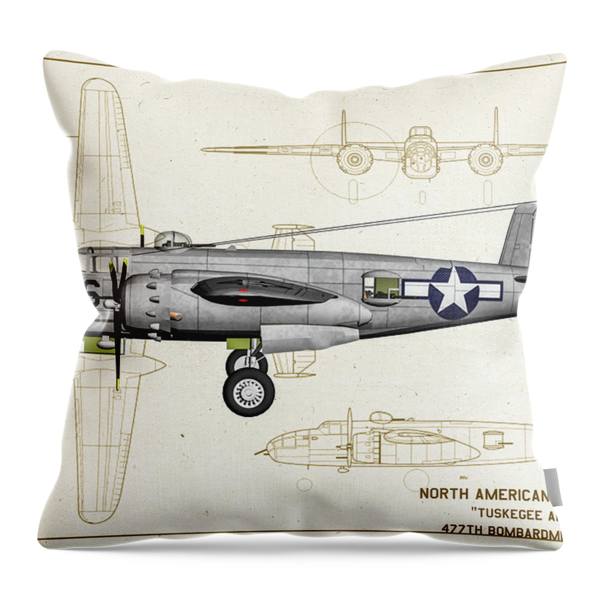 North American B-25 Mitchell Throw Pillow featuring the digital art Tuskegee B-25 136 Profile Art by Tommy Anderson