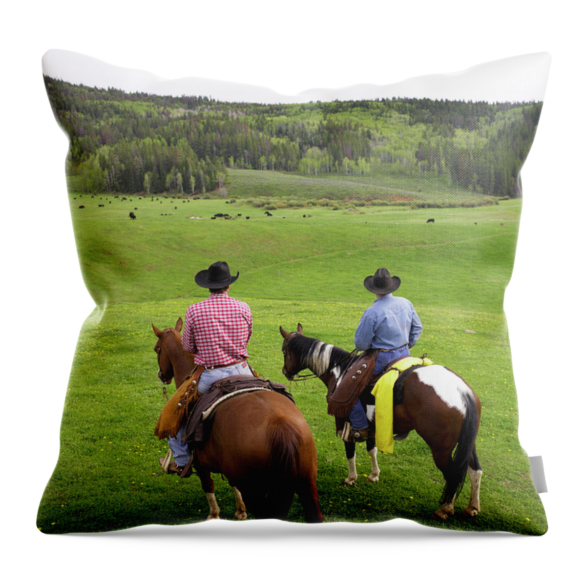 Horse Throw Pillow featuring the photograph Two Cowboys On Horseback Riding Though by John P Kelly