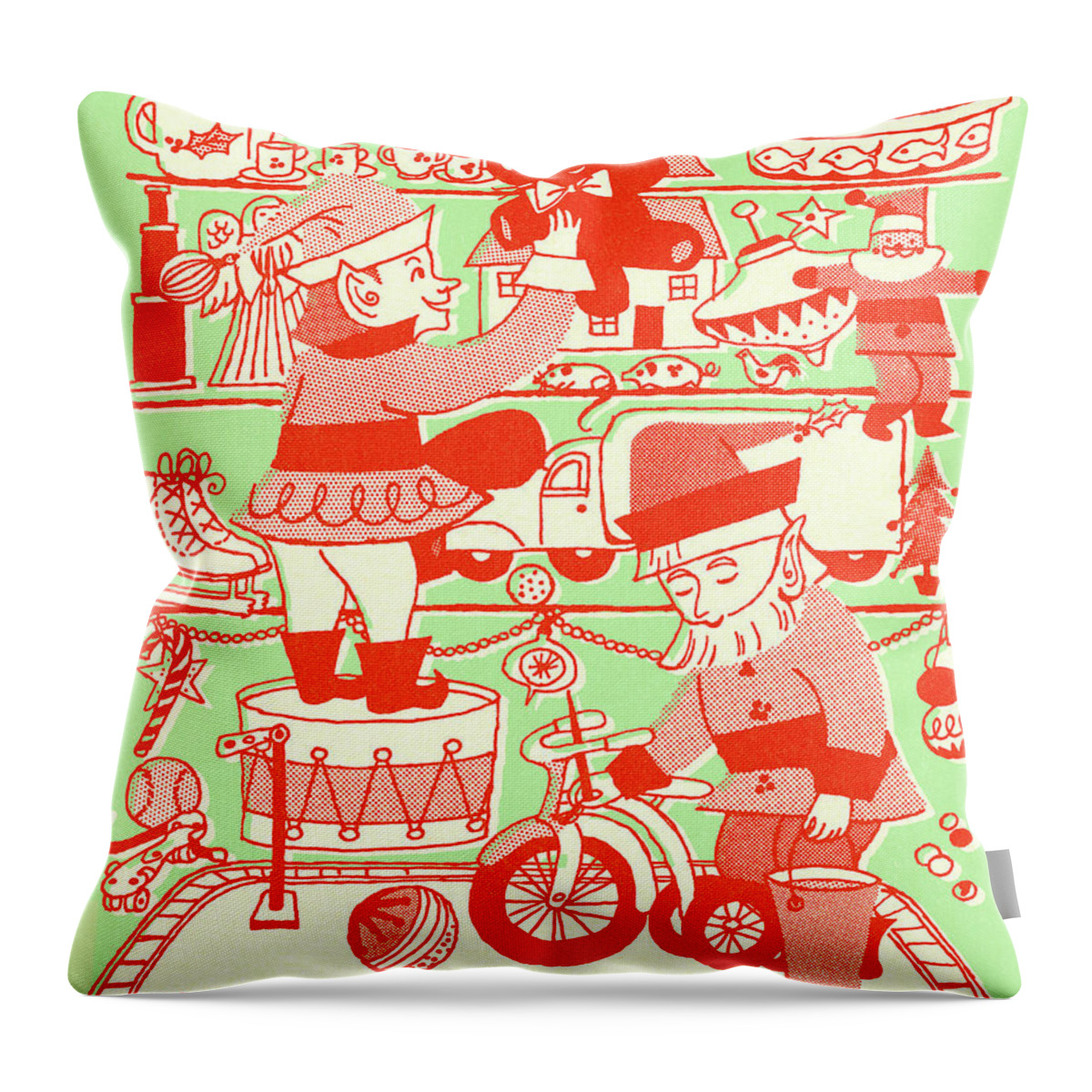 Campy Throw Pillow featuring the drawing Two Elves and a Shelf of Toys by CSA Images