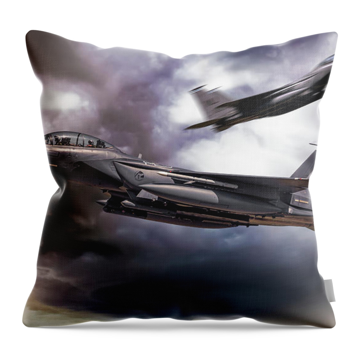 F15 Throw Pillow featuring the digital art Two F-15E Strike Eagle passing in storm clouds by Simon Bratt