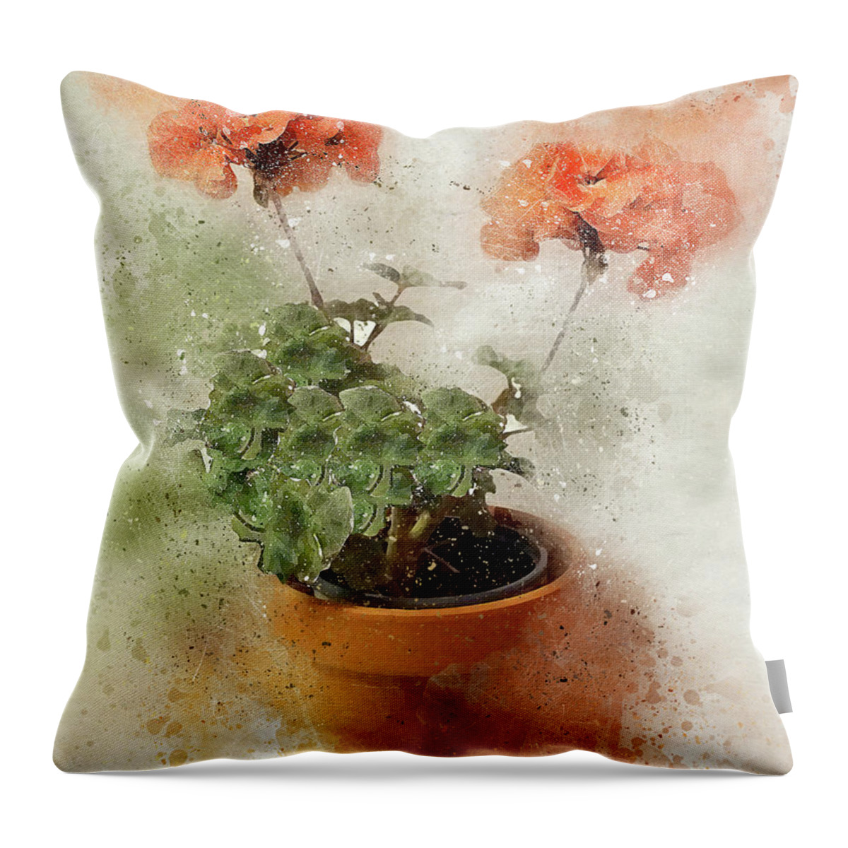 Digital Impressionism Watercolor Flower Floral Nature Plant Peggy Cooper Hendon Cooperhouse Publishing Pink Salmon Green Clay Pot Throw Pillow featuring the photograph Two Geraniums by Peggy Cooper-Hendon